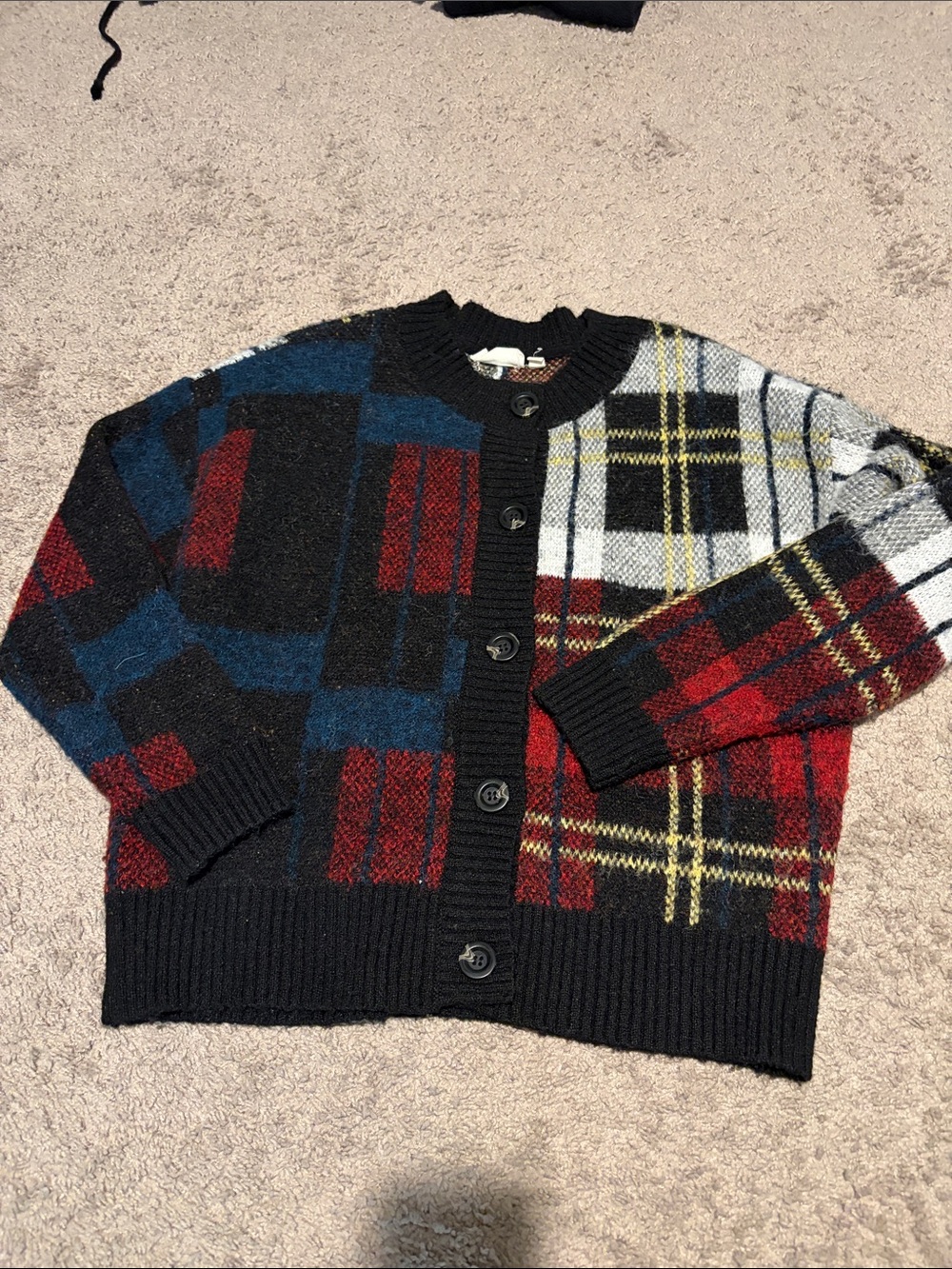 Men's Patchwork Plaid Button-Up Sweater Cardigan - Black/Red/Blue